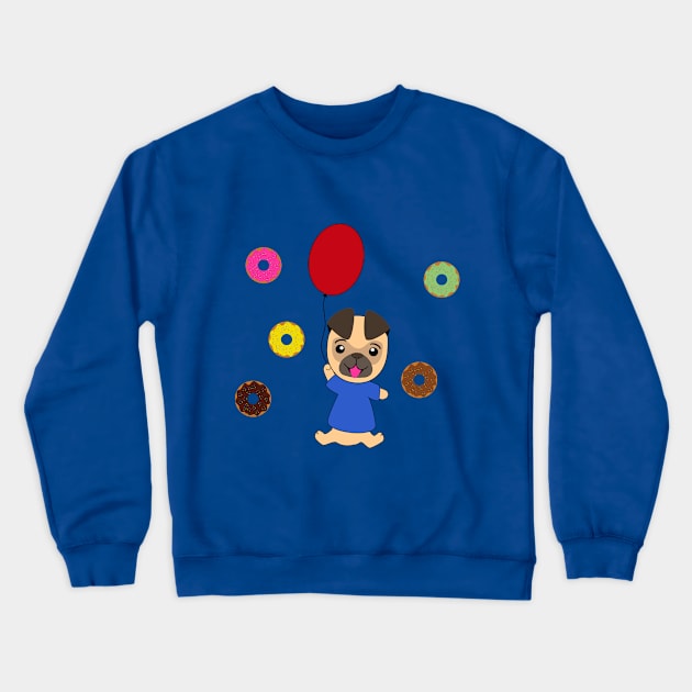 Flying pug dog on a balloon with donuts in the magical sky Crewneck Sweatshirt by Ralph Hovsepian